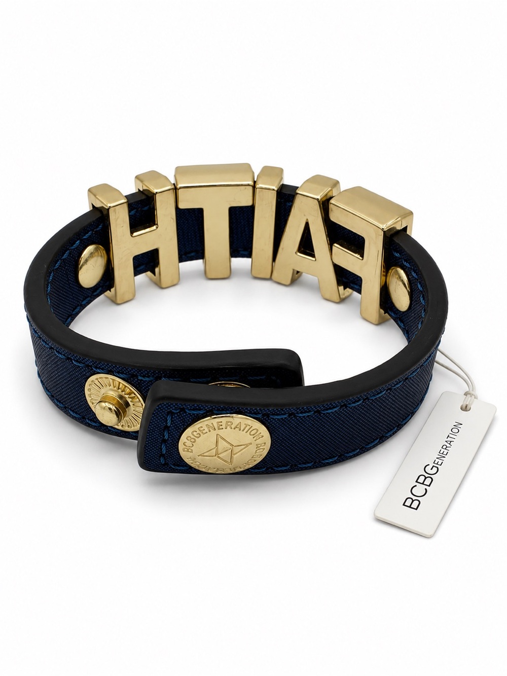 BCBGeneration FAITH Bracelet Gold Letters Navy Blue Faux Leather NWT - Picture 11 of 13